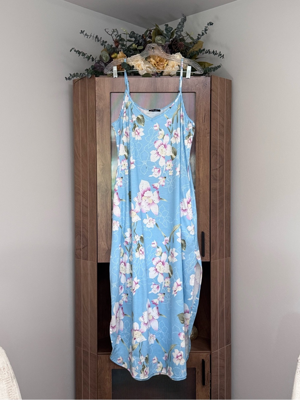 Light Blue Floral Midi Dress/Cover Up with Side Slit and Pockets